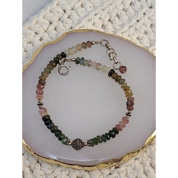 Watermelon Tourmaline Bracelet 925 Sterling Silver 7.5–8" Faceted Beads Handmade - Picture 1 of 9